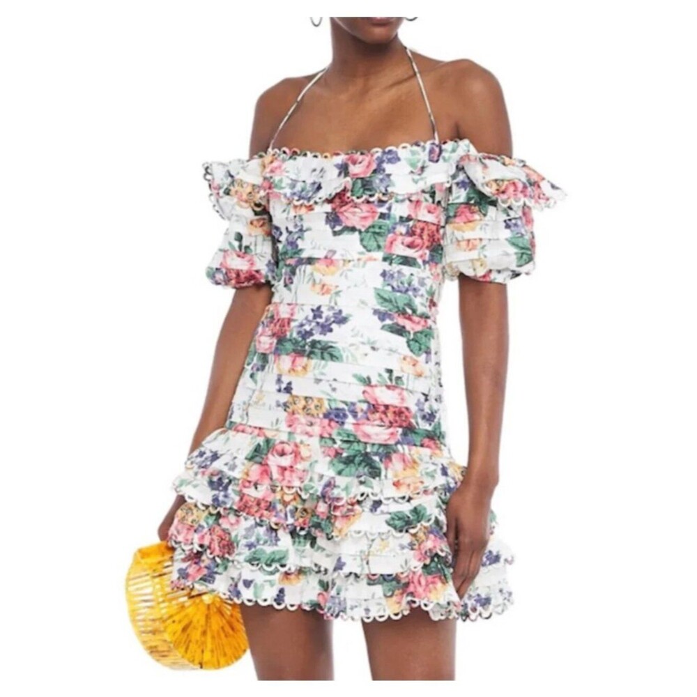 Zimmermann Allia Floral Linen Mini Dress Size 1 S Red Green Tiered Ruffle